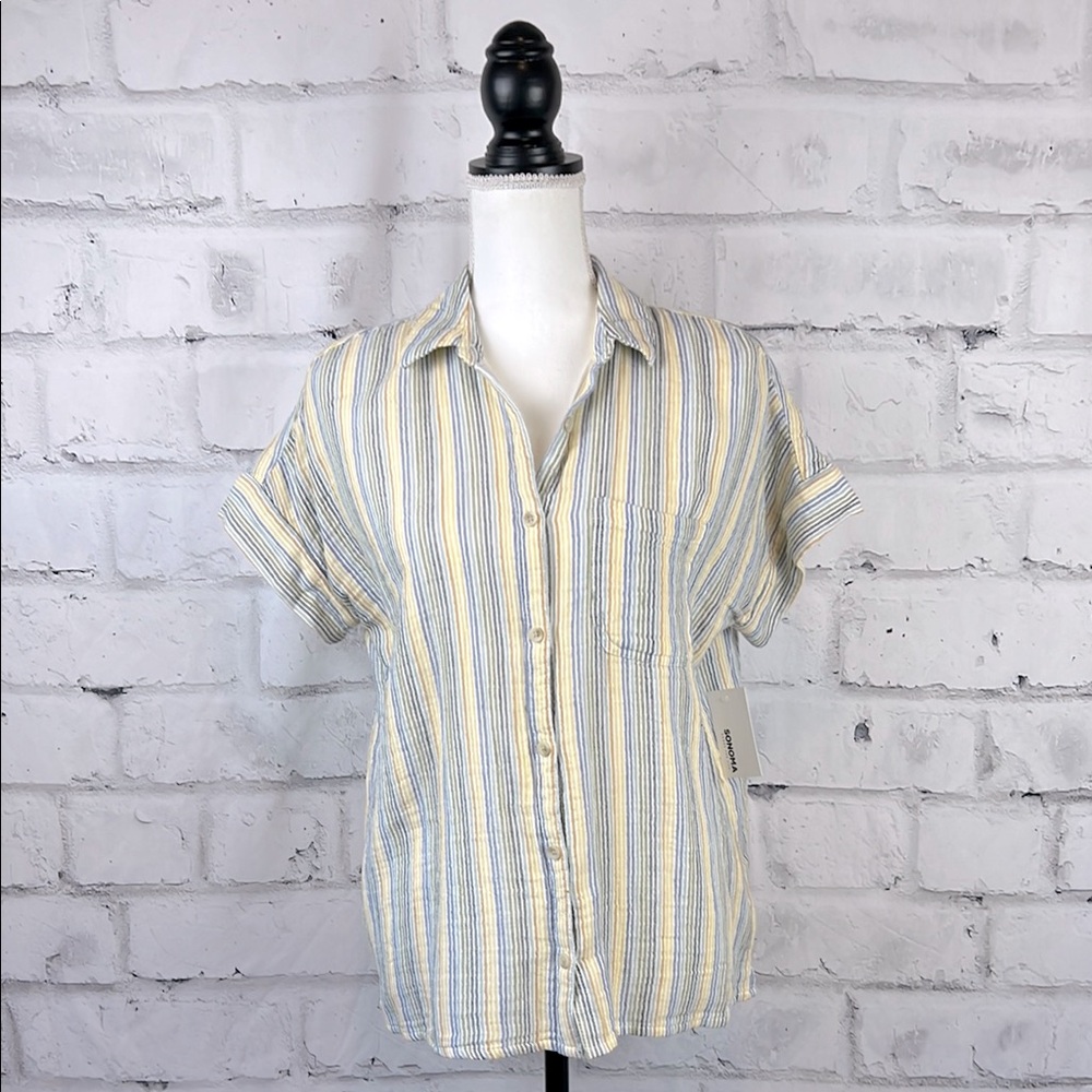 Sonoma Short Sleeve Striped 100% Cotton Button Down Shirt Top Yellow Green Blue